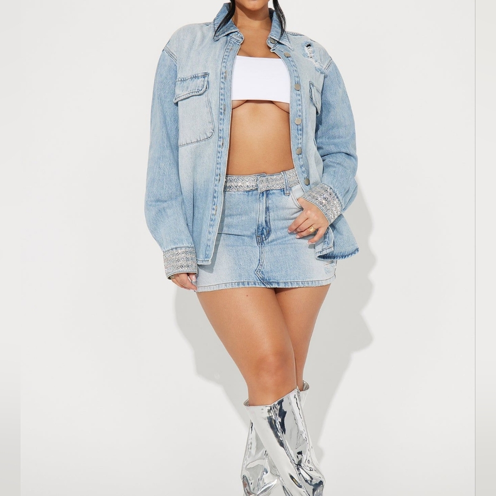 Denim Jacket and Skirt Set with Rhinestone Accents